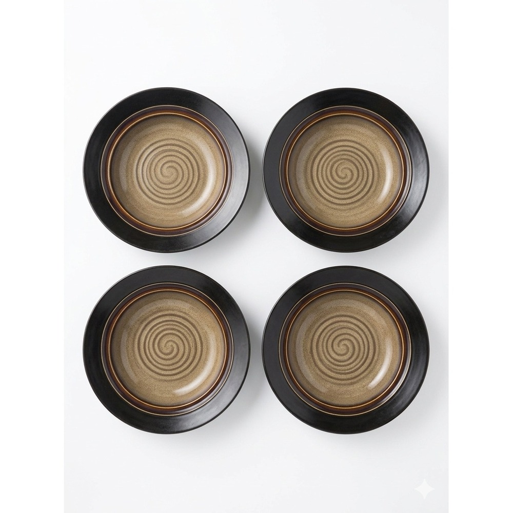 Set‎ of 4 Pier 1 Zahara Reactive Stoneware Rimmed Soup Pasta Bowls Brown Spiral